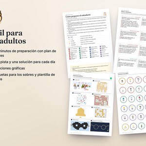 May include: A set of printed instructional sheets and a calendar template featuring an owl icon. The text includes 'F&aacute;cil para los adultos', 'C&oacute;mo preparar el calendario', 'Soluciones gr&aacute;ficas', and 'TIDYDATA'. The pages contain lists, numbered circles, and graphical puzzles.