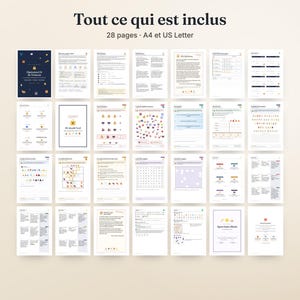 May include: A digital printable set containing 28 pages in A4 and US Letter formats. The document features various activity sheets, including text, grids, icons, and puzzles, with the title Tout ce qui est inclus at the top.