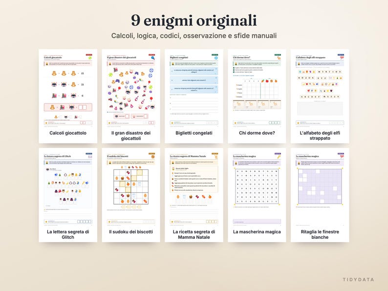 May include: A collection of ten printable activity sheets titled 9 enigmi originali, featuring various logic puzzles, math challenges, and observation games with colorful icons, grids, and text in Italian, designed for interactive problem-solving.