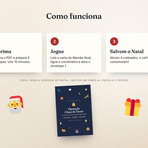 May include: An instructional graphic titled Como funciona with three steps: 1 Imprima, 2 Jogue, and 3 Salvem o Natal. Below, a dark blue game cover titled Opera&ccedil;&atilde;o Chave do Tren&oacute; features icons of Santa, a gift, and various holiday symbols.