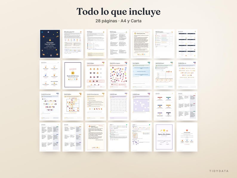 May include: A digital printable set containing 28 pages in A4 and Letter sizes, titled Todo lo que incluye. The collection features various activity sheets, including text-based documents, grids, puzzles, and lists with colorful icons.