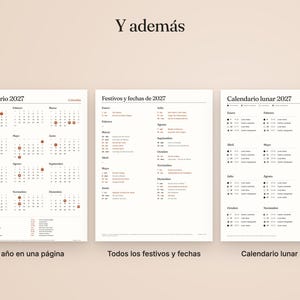 Peut inclure: Trois pages blanches pr&eacute;sentant un calendrier 2027, une liste de jours f&eacute;ri&eacute;s et de dates, et un calendrier lunaire. Le texte est en espagnol, avec les titres Calendario 2027, Festivos y fechas de 2027 et Calendario lunar 2027 en noir.
