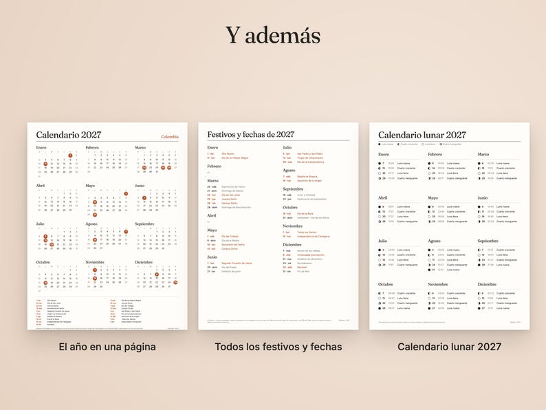 Peut inclure: Trois pages blanches pr&eacute;sentant un calendrier 2027, une liste de jours f&eacute;ri&eacute;s et de dates, et un calendrier lunaire. Le texte est en espagnol, avec les titres Calendario 2027, Festivos y fechas de 2027 et Calendario lunar 2027 en noir.