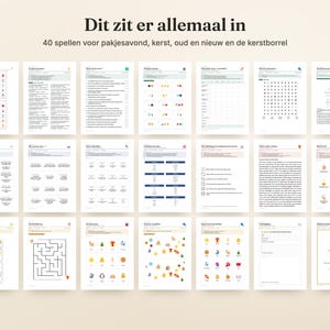 May include: A collection of 40 printable game sheets for holiday gatherings, featuring various activities like word searches, mazes, crosswords, and emoji puzzles. The header text reads: Dit zit er allemaal in, 40 spellen voor pakjesavond, kerst, oud en nieuw en de kerstborrel.