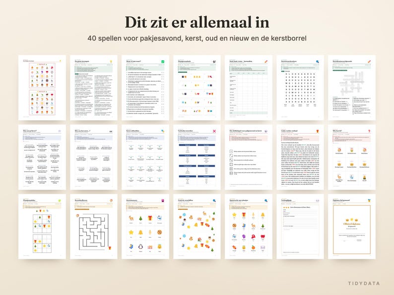 May include: A collection of 40 printable game sheets for holiday gatherings, featuring various activities like word searches, mazes, crosswords, and emoji puzzles. The header text reads: Dit zit er allemaal in, 40 spellen voor pakjesavond, kerst, oud en nieuw en de kerstborrel.