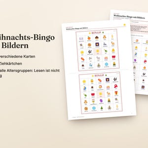 Puede incluir: Un juego de bingo navide&ntilde;o con tarjetas ilustradas que muestran iconos festivos. El texto dice "Weihnachts-Bingo mit Bildern," "30 verschiedene Karten," "40 Ziehk&auml;rtchen," y "F&uuml;r alle Altersgruppen: Lesen ist nicht n&ouml;tig."