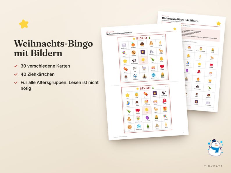 Puede incluir: Un juego de bingo navide&ntilde;o con tarjetas ilustradas que muestran iconos festivos. El texto dice "Weihnachts-Bingo mit Bildern," "30 verschiedene Karten," "40 Ziehk&auml;rtchen," y "F&uuml;r alle Altersgruppen: Lesen ist nicht n&ouml;tig."