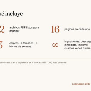 K&ouml;nnte beinhalten: Ein Informationsblatt f&uuml;r einen 2027 Kalender mit dem Text Qu&eacute; incluye, 12 archivos PDF listos para imprimir, 16 p&aacute;ginas en cada uno, 3 colores, 2 tama&ntilde;os, 2 inicios de semana, impresiones: descarga inmediata, imprime cuantas veces quieras.