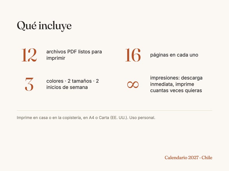 K&ouml;nnte beinhalten: Ein Informationsblatt f&uuml;r einen 2027 Kalender mit dem Text Qu&eacute; incluye, 12 archivos PDF listos para imprimir, 16 p&aacute;ginas en cada uno, 3 colores, 2 tama&ntilde;os, 2 inicios de semana, impresiones: descarga inmediata, imprime cuantas veces quieras.