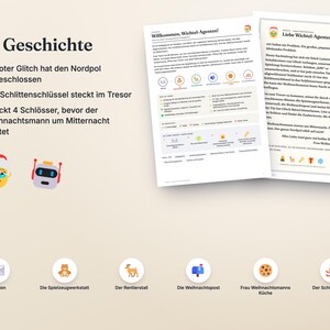 May include: A printed game set featuring a story titled Die Geschichte, instructions for Wichtel-Agenten, and various icons including a robot, Santa, a mailbox, a reindeer, a cookie, and a sleigh, all presented on a light beige background.