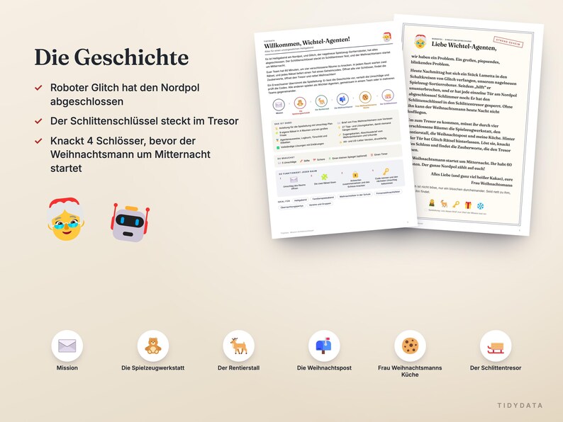 May include: A printed game set featuring a story titled Die Geschichte, instructions for Wichtel-Agenten, and various icons including a robot, Santa, a mailbox, a reindeer, a cookie, and a sleigh, all presented on a light beige background.