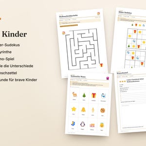 Puede incluir: Una colecci&oacute;n de hojas de actividades imprimibles para ni&ntilde;os con acertijos de tem&aacute;tica navide&ntilde;a, que incluyen un laberinto, Sudoku de im&aacute;genes, un juego de memoria y una plantilla de lista de deseos. Las p&aacute;ginas contienen texto en alem&aacute;n e ilustraciones.