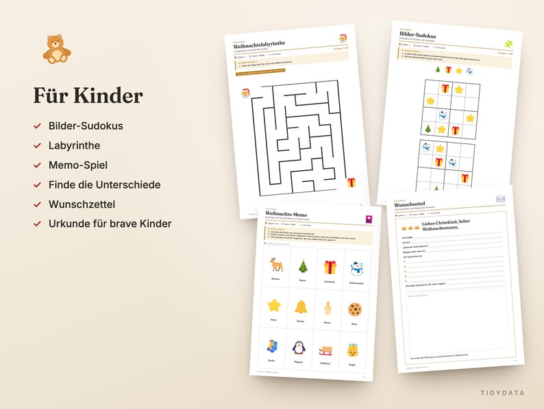Puede incluir: Una colecci&oacute;n de hojas de actividades imprimibles para ni&ntilde;os con acertijos de tem&aacute;tica navide&ntilde;a, que incluyen un laberinto, Sudoku de im&aacute;genes, un juego de memoria y una plantilla de lista de deseos. Las p&aacute;ginas contienen texto en alem&aacute;n e ilustraciones.