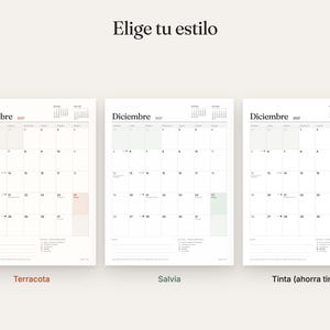 May include: Three monthly calendar pages for December 2027, each with a grid layout, small reference calendars, and lined notes sections. The text 'Elige tu estilo' appears at the top, with labels 'Terracota', 'Salvia', and 'Tinta (ahorra tinta)' below.