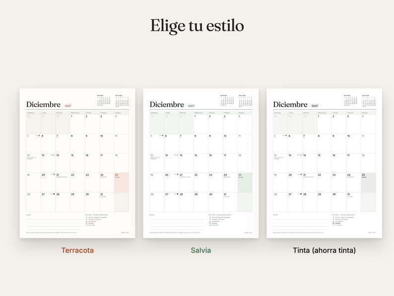 May include: Three monthly calendar pages for December 2027, each with a grid layout, small reference calendars, and lined notes sections. The text 'Elige tu estilo' appears at the top, with labels 'Terracota', 'Salvia', and 'Tinta (ahorra tinta)' below.