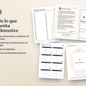 Op de afbeelding: Een detective-activiteitenpakket met bedrukte vellen met de tekst Todo lo que necesita un detective, Lo que hemos descubierto, Queridos detectives, Detectives Expertos en Un secreto de Villanueva, samen met diverse iconen.