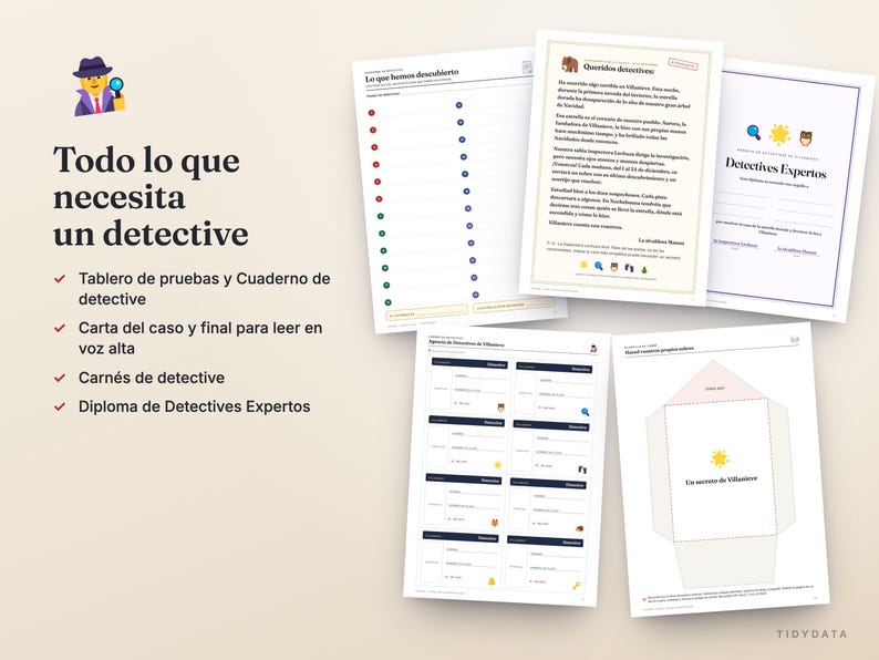 Op de afbeelding: Een detective-activiteitenpakket met bedrukte vellen met de tekst Todo lo que necesita un detective, Lo que hemos descubierto, Queridos detectives, Detectives Expertos en Un secreto de Villanueva, samen met diverse iconen.