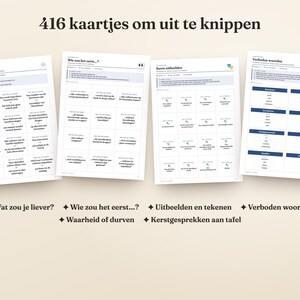 May include: Four printable sheets containing 416 game cards to cut out. The sheets feature Dutch text for various party games including 'Wat zou je liever?', 'Wie zou het eerst...?', 'Uitbeelden en tekenen', 'Verboden woorden', 'Waarheid of durven', and 'Kerstgesprekken aan tafel'.