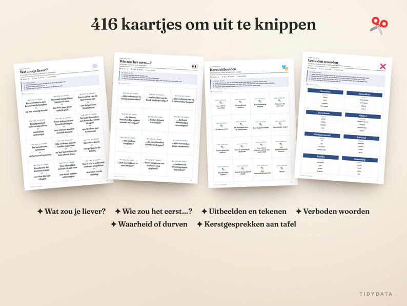 May include: Four printable sheets containing 416 game cards to cut out. The sheets feature Dutch text for various party games including 'Wat zou je liever?', 'Wie zou het eerst...?', 'Uitbeelden en tekenen', 'Verboden woorden', 'Waarheid of durven', and 'Kerstgesprekken aan tafel'.