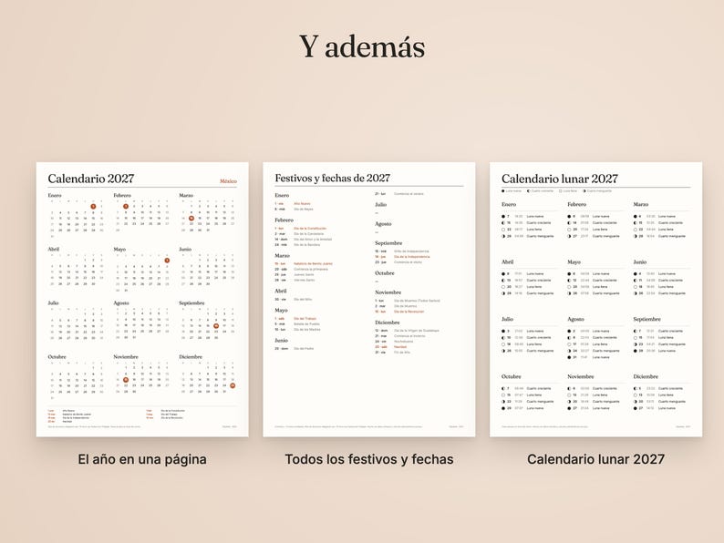 May include: Three white sheets featuring the 2027 calendar, holidays, and lunar phases. The first sheet shows the full year, the second lists holidays and dates, and the third displays the lunar calendar. All text is in black with red accents.
