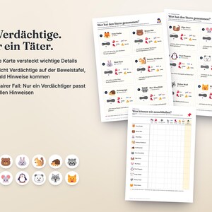 Puede incluir: Un juego de misterio que incluye dos hojas impresas con el t&iacute;tulo Wer hat den Stern genommen, doce fichas circulares de personajes animales y una tabla titulada Wen k&ouml;nnen wir ausschlie&szlig;en, sobre un fondo claro.