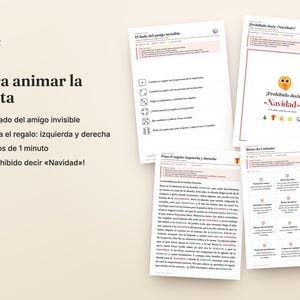 Pu&ograve; includere: Un set di tre fogli di istruzioni per giochi di societ&agrave; in spagnolo. Il testo include titoli come El dado del amigo invisible, Prohibido decir Navidad e Pasa el regalo izquierda y derecha, con elenchi, regole e sfide in formato griglia.