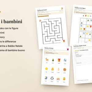 Op de afbeelding: Een set printbare kerstactiviteitenbladen voor kinderen, inclusief een doolhof, een Sudoku met afbeeldingen, een geheugenspel met iconen en een sjabloon voor een brief aan de Kerstman, met zwarte tekst en kleurrijke kerstafbeeldingen.