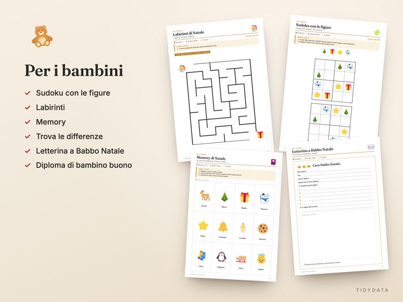Op de afbeelding: Een set printbare kerstactiviteitenbladen voor kinderen, inclusief een doolhof, een Sudoku met afbeeldingen, een geheugenspel met iconen en een sjabloon voor een brief aan de Kerstman, met zwarte tekst en kleurrijke kerstafbeeldingen.
