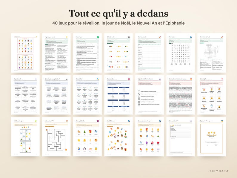 Peut inclure: Un ensemble de fiches de jeux imprimables pour les f&ecirc;tes, incluant des mots m&ecirc;l&eacute;s, des labyrinthes et des quiz. Le titre en haut indique Tout ce qu'il y a dedans, 40 jeux pour le r&eacute;veillon, le jour de No&euml;l, le Nouvel An et l'&Eacute;piphanie.