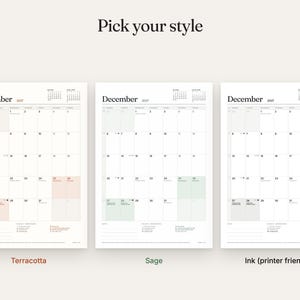 May include: Three vertical calendar pages for December 2027 labeled Pick your style. Each page features a grid layout with dates, small monthly calendars, and color-coded accents in terracotta, sage, and ink gray for the printer-friendly version.