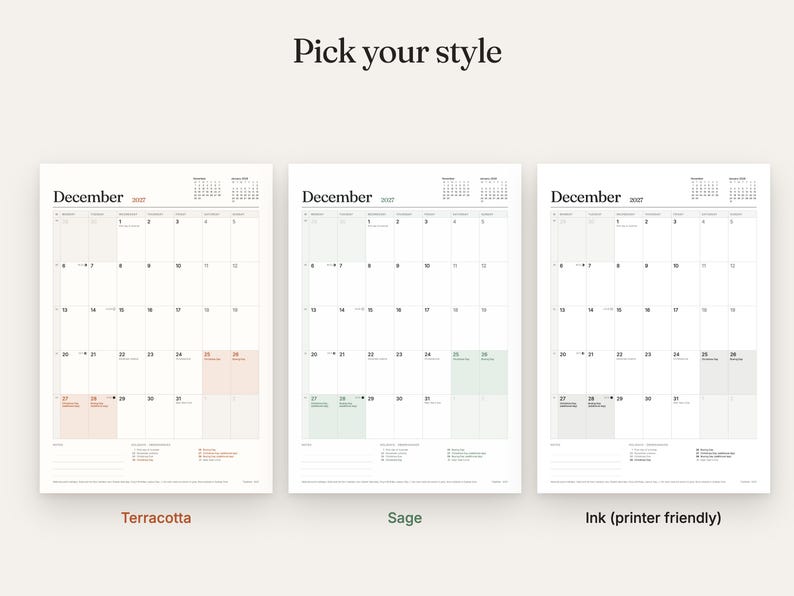 May include: Three vertical calendar pages for December 2027 labeled Pick your style. Each page features a grid layout with dates, small monthly calendars, and color-coded accents in terracotta, sage, and ink gray for the printer-friendly version.