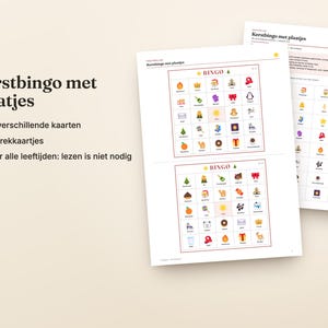May include: A Christmas bingo game set with picture cards featuring festive icons. The printed sheets display grids with colorful illustrations of holiday items like trees, gifts, and stars. The text on the sheets reads Kerstbingo met plaatjes.