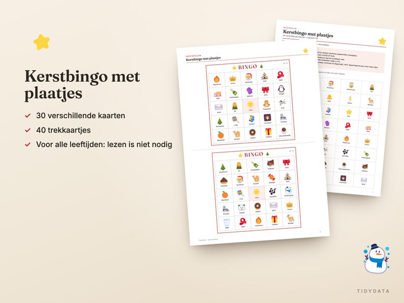 May include: A Christmas bingo game set with picture cards featuring festive icons. The printed sheets display grids with colorful illustrations of holiday items like trees, gifts, and stars. The text on the sheets reads Kerstbingo met plaatjes.