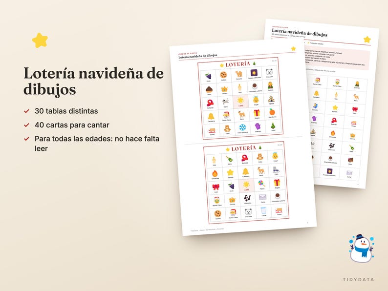 May include: A Christmas picture lottery game set featuring two game boards with colorful holiday icons, text reading Loter&iacute;a navide&ntilde;a de dibujos, 30 tablas distintas, 40 cartas para cantar, and Para todas las edades: no hace falta leer.