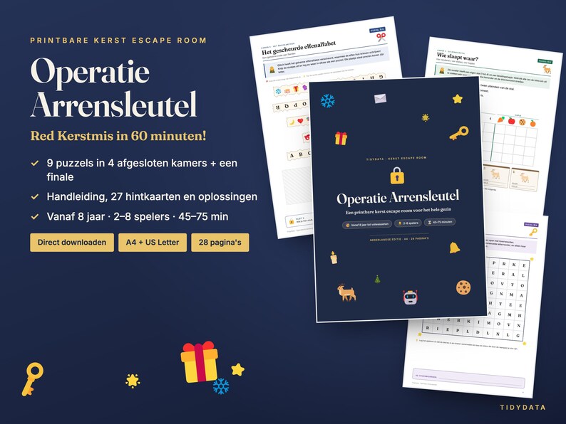 Dutch Christmas Escape Room Printable · Kerst Escape Room voor Kinderen en Gezin · 9 Puzzles, Host Guide · Party Game PDF image 1