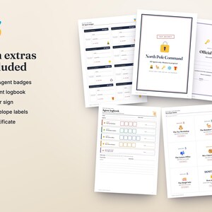 Op de afbeelding: Een verzameling printbare documenten, waaronder een Elf Agent-logboek, een North Pole Command-certificaat, Official Elf Agent-formulieren en enveloplabels. De pagina's bevatten tekst, iconen en gestructureerde velden voor het noteren van gegevens.