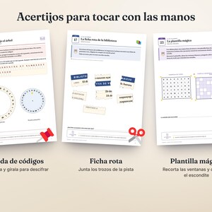 May include: Three printable activity sheets titled Acertijos para tocar con las manos featuring puzzles like a code wheel, torn library card pieces, and a magic grid template with letters and blank squares for cutting and assembly.