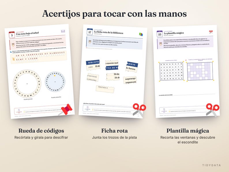 May include: Three printable activity sheets titled Acertijos para tocar con las manos featuring puzzles like a code wheel, torn library card pieces, and a magic grid template with letters and blank squares for cutting and assembly.