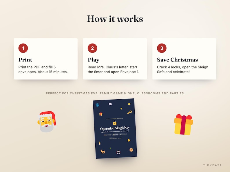 Op de afbeelding: Een printbaar spel genaamd Operation Sleigh Key met drie stappen: Printen, Spelen en Kerstmis redden. De donkerblauwe spelomslag toont een gouden slotpictogram, kleine kerstafbeeldingen en tekst. Een kerstman-icoon en een geel cadeau-icoon zijn inbegrepen.