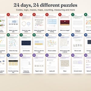 May include: A collection of 24 daily puzzle cards titled 24 days, 24 different puzzles, featuring activities like codes, logic, mazes, maps, counting, and measuring. Each card is numbered 1 through 24 and displays unique tasks.