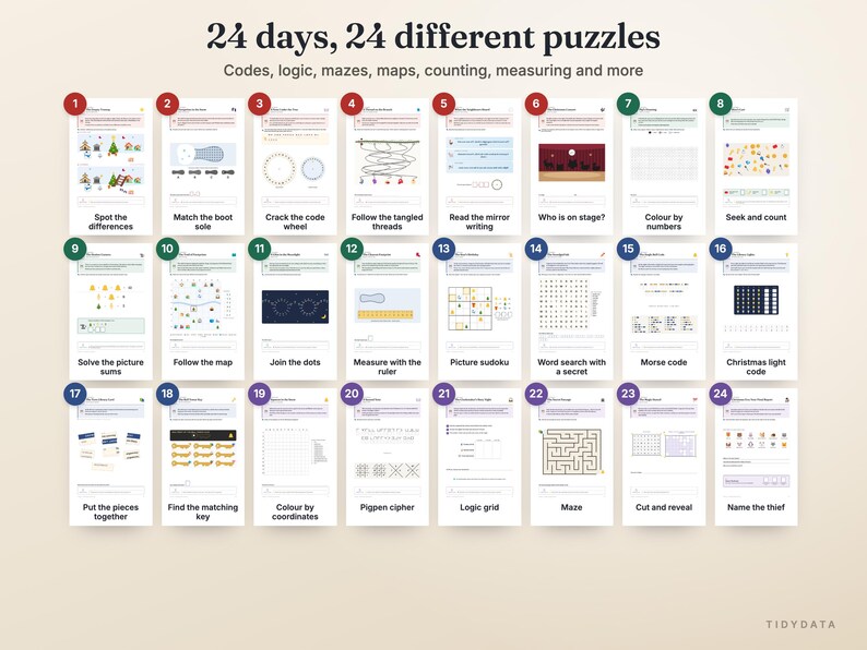 May include: A collection of 24 daily puzzle cards titled 24 days, 24 different puzzles, featuring activities like codes, logic, mazes, maps, counting, and measuring. Each card is numbered 1 through 24 and displays unique tasks.