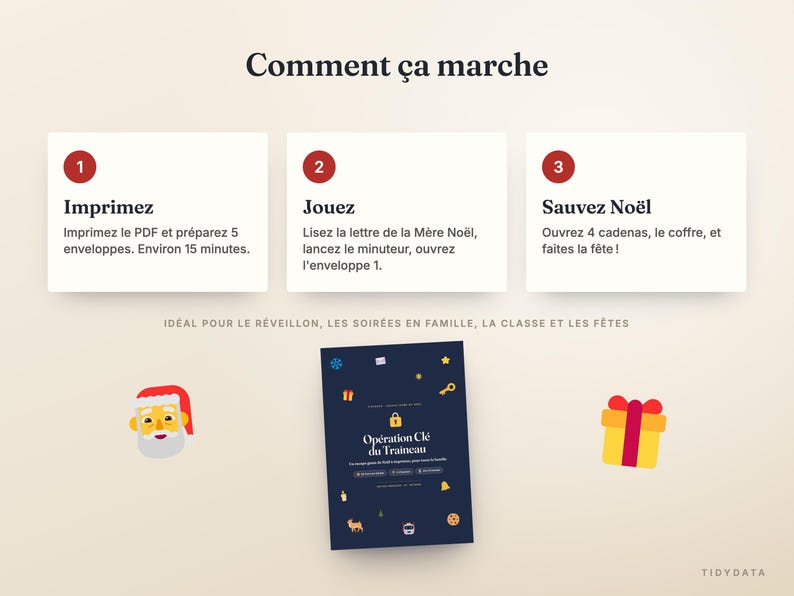 May include: A game instruction graphic titled Comment &ccedil;a marche with three numbered steps: Imprimez, Jouez, and Sauvez No&euml;l. Below, a dark blue game cover titled Op&eacute;ration Cl&eacute; du Traineau features icons of Santa, a gift, and holiday symbols.