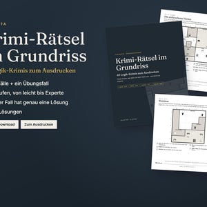 May include: A digital product titled Krimi-Rätsel im Grundriss featuring 40 printable logic mystery cases. The dark blue cover displays the title and text, accompanied by two white pages showing floor plan diagrams and German text.