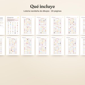 Puede incluir: Un conjunto de 20 p&aacute;ginas imprimibles para un juego de loter&iacute;a navide&ntilde;a de dibujos. El documento incluye instrucciones y m&uacute;ltiples tableros de juego con iconos coloridos de tem&aacute;tica festiva en cuadr&iacute;culas. El texto dice Qu&eacute; incluye Loter&iacute;a navide&ntilde;a de dibujos 20 p&aacute;ginas.