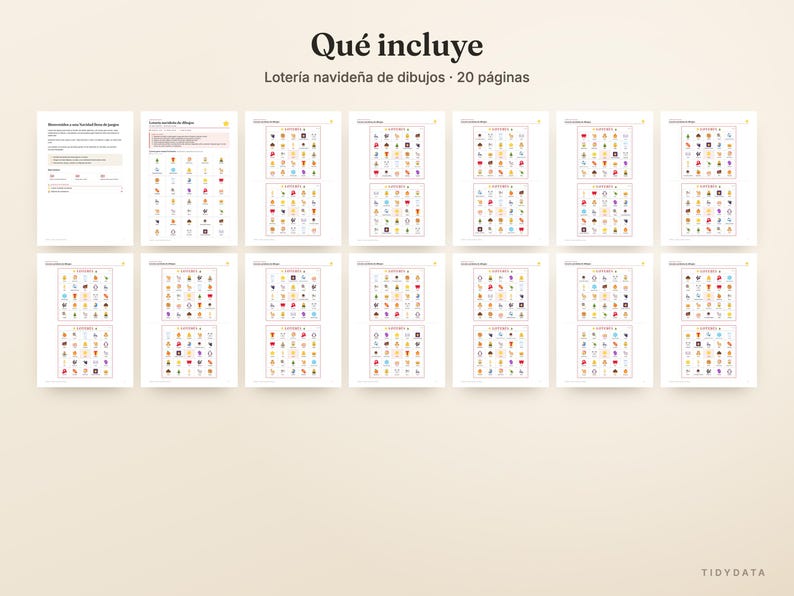 Puede incluir: Un conjunto de 20 p&aacute;ginas imprimibles para un juego de loter&iacute;a navide&ntilde;a de dibujos. El documento incluye instrucciones y m&uacute;ltiples tableros de juego con iconos coloridos de tem&aacute;tica festiva en cuadr&iacute;culas. El texto dice Qu&eacute; incluye Loter&iacute;a navide&ntilde;a de dibujos 20 p&aacute;ginas.