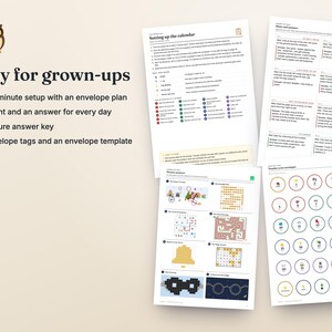 May include: A set of printed instructional sheets for an advent calendar, featuring an owl icon, the text Easy for grown-ups, a setup guide, a daily hint and answer key, and a page of numbered circular tags with various colorful icons.