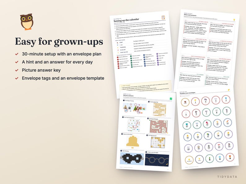 May include: A set of printed instructional sheets for an advent calendar, featuring an owl icon, the text Easy for grown-ups, a setup guide, a daily hint and answer key, and a page of numbered circular tags with various colorful icons.