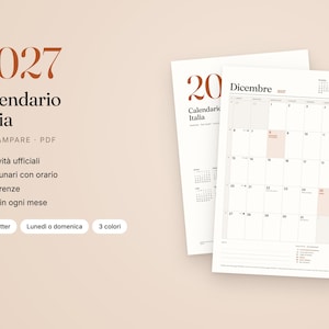 May include: A 2027 printable calendar for Italy featuring a clean layout with the text 2027 Calendario Italia DA STAMPARE PDF. The design includes official holidays, lunar phases, and notes sections in a minimalist black and white grid.