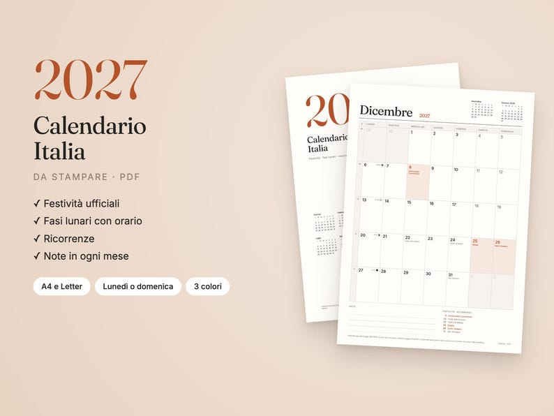 May include: A 2027 printable calendar for Italy featuring a clean layout with the text 2027 Calendario Italia DA STAMPARE PDF. The design includes official holidays, lunar phases, and notes sections in a minimalist black and white grid.