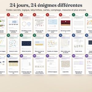 Fransk mystisk adventskalender utskrivbar · Calendrier de l'Avent Enquête · 24 detektivpussel för barn och familj PDF bild 3